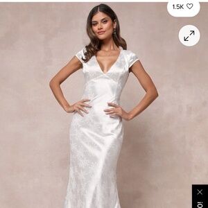 Lulus Loveliest Dream White Satin Jacquard Backless Mermaid Maxi Dress - Size M